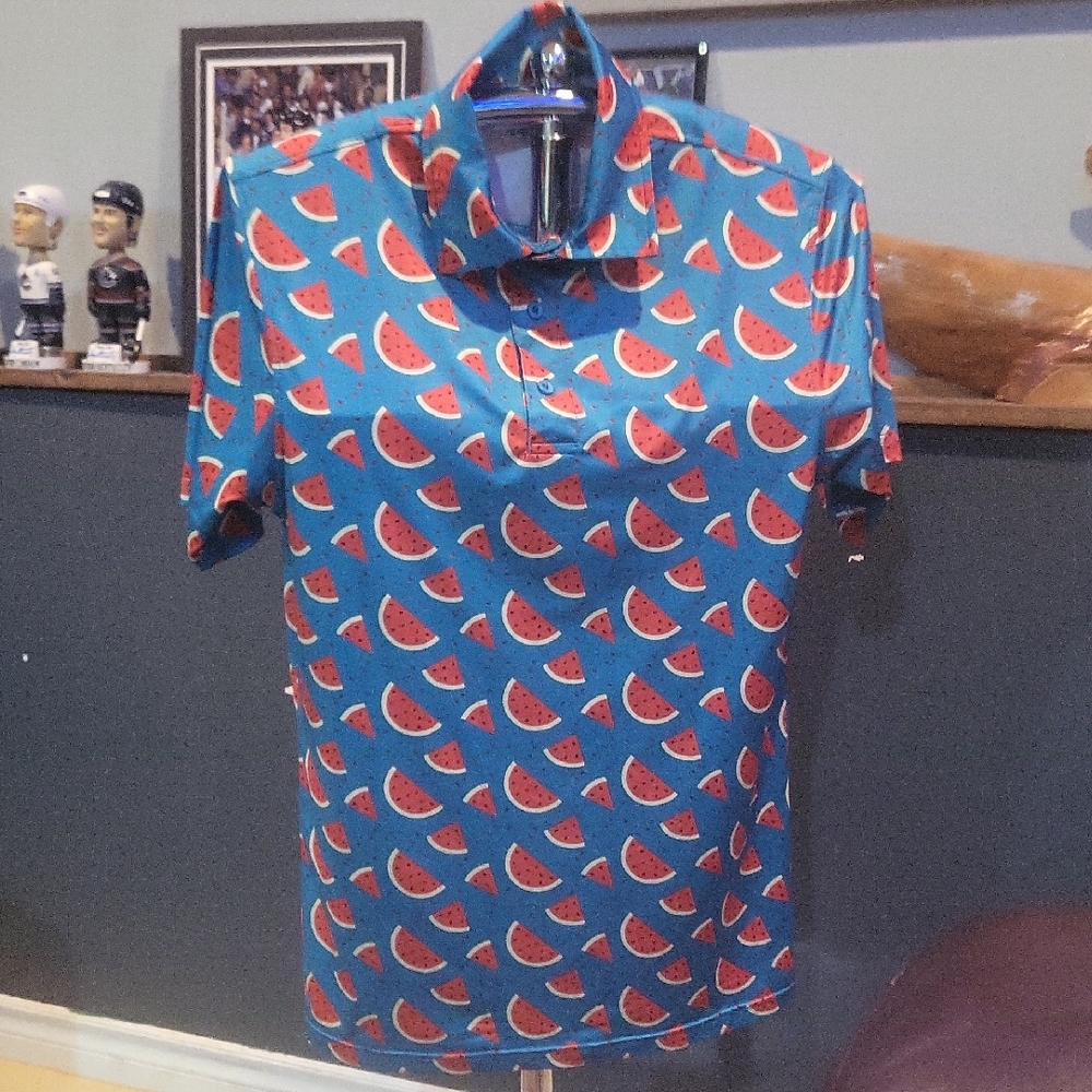 Blue Watermelon Print Men's Golf Shirt